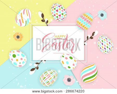 Easter Card With Square Frame, Spring Flowers And Multicorored Eggs On Colorful Paper Geometric Back