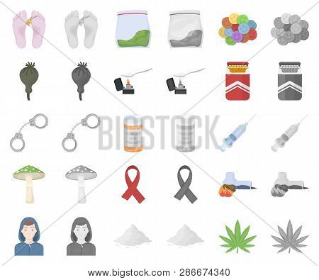 Drug Addiction And Attributes Cartoon, Monochrom Icons In Set Collection For Design. Addict And Drug