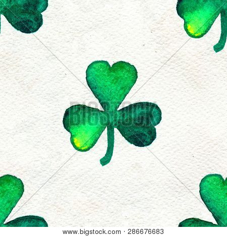 Seamless Hand Drawn Background With Leaves Of Colver St. Patricks Day Symbols