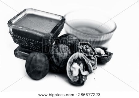 Close Up Of Best Home Remedy To Treat Anemia In A Glass Bowl Isolated On White Consisting Of Walnut