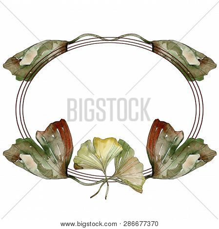 Green Red Ginkgo Biloba Leaves.watercolor Background Illustration Set. Frame Border Ornament Square.