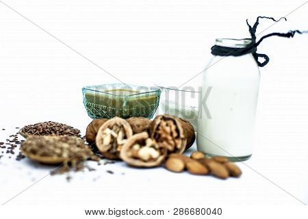 Close Up Of Face Mask Or Face Pack Of Walnut Along With Flax Seed Or Alsi, Almonds,yogurt And Milk I
