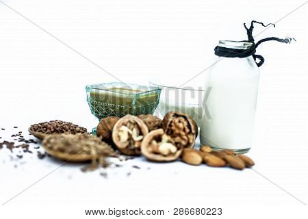 Close Up Of Face Mask Or Face Pack Of Walnut Along With Flax Seed Or Alsi, Almonds,yogurt And Milk I