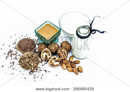 Close Up Of Face Mask Or Face Pack Of Walnut Along With Flax Seed Or Alsi, Almonds,yogurt And Milk I