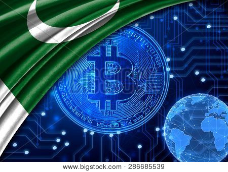 Flag Of Pakistan Is Shown Against The Background Of Crypto Currency Bitcoin. Global World Crypto Cur