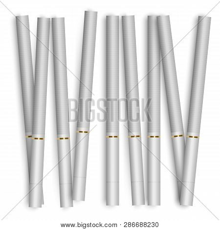 Set Of Realistic Cigarettes, Addiction Is Dangerous Vector Illustration Of Smoke Concept On White Ba