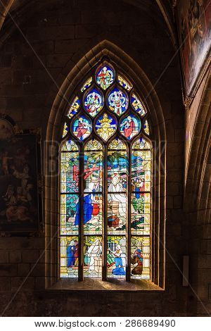 Fougeres, France - July 25, 2018: Stained Glass Window In The Church Of Saint-sulpice. Ille-et-vilai