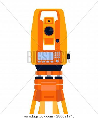 Tacheometer, Theodolite And Tripod, Geodetic Equipment, Measuring Instrument, Isolated On White Back