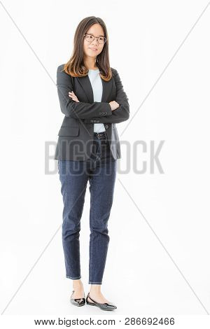 Full Length Shot Of Happy, Young, Beautiful, Asian Lady, Long Black Hair, Wearing Eyeglasses In Smar