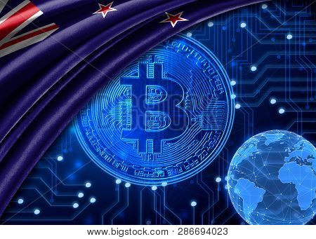 Flag Of New Zealand Is Shown Against The Background Of Crypto Currency Bitcoin. Global World Crypto 