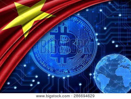 Flag Of Vietnam Is Shown Against The Background Of Crypto Currency Bitcoin. Global World Crypto Curr