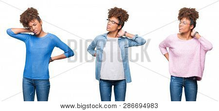 Collage of young beautiful african girl over isolated background Suffering of neck ache injury, touching neck with hand, muscular pain