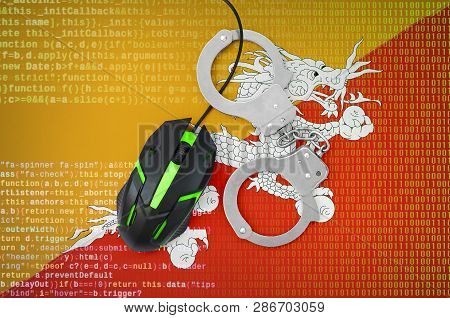 Bhutan Flag  And Handcuffed Computer Mouse. Combating Computer Crime, Hackers And Piracy