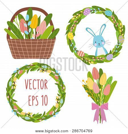 Easter Vector Spring Tulips Flowers Bouqet, Flower Wreath, Eggs Elements,