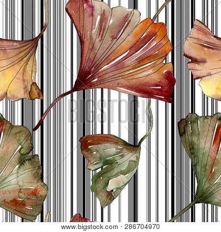 Green Red Ginkgo Biloba Leaves. Watercolor Background Illustration Set. Seamless Background Pattern.