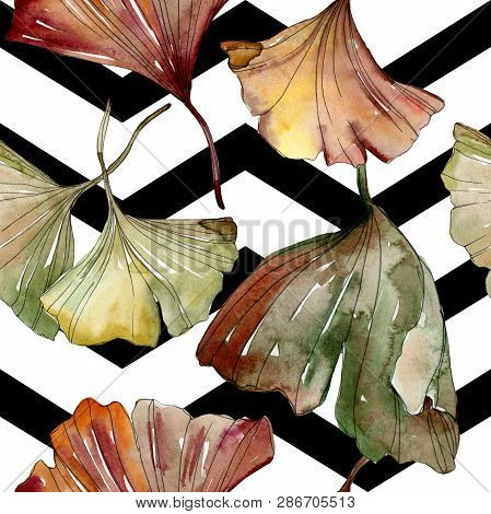 Green Red Ginkgo Biloba Leaves. Watercolor Background Illustration Set. Seamless Background Pattern.