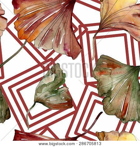 Green Red Ginkgo Biloba Leaves. Watercolor Background Illustration Set. Seamless Background Pattern.