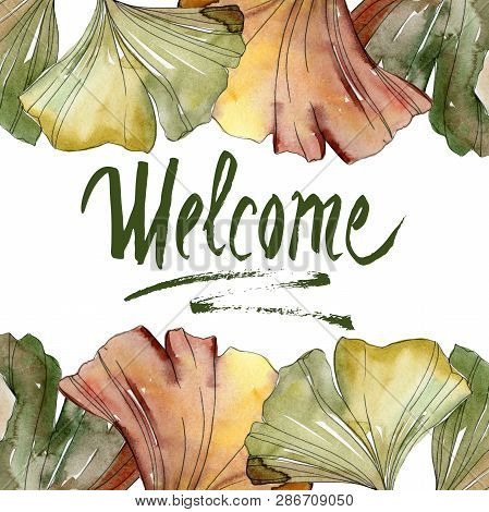 Green Red Ginkgo Biloba Leaves.watercolor Background Illustration Set. Frame Border Ornament Square.