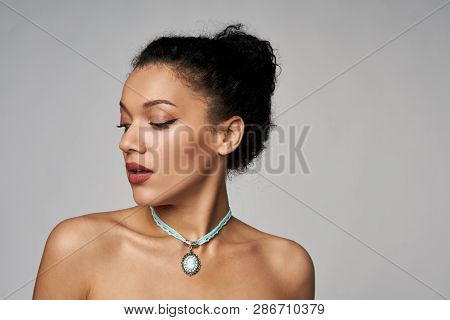 Beauty Portrait Of Beautiful Mixed Race Woman Wearing Chocker