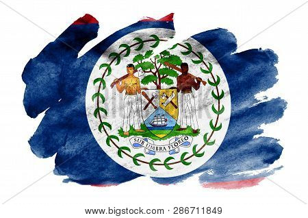 Belize Flag  Is Depicted In Liquid Watercolor Style Isolated On White Background