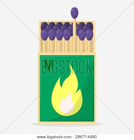 Collection Of Matches. Burning Match With Fire, Opened Matchbox. Flat Design Style.