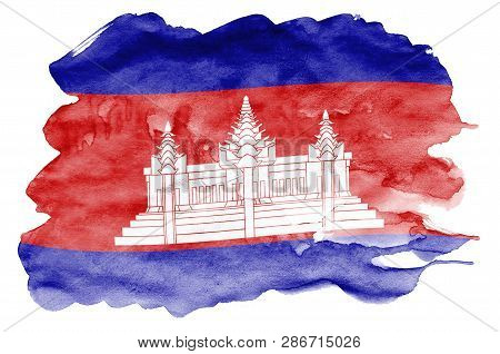 Cambodia Flag  Is Depicted In Liquid Watercolor Style Isolated On White Background