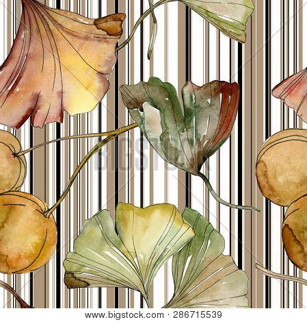 Green Red Ginkgo Biloba Leaves. Watercolor Background Illustration Set. Seamless Background Pattern.