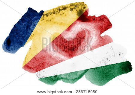Seychelles Flag  Is Depicted In Liquid Watercolor Style Isolated On White Background