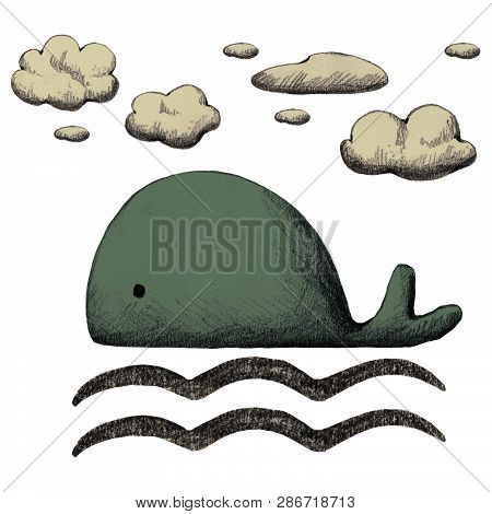 Hand Drawn Pencil Cute Kawaii Whale With Naive Waves