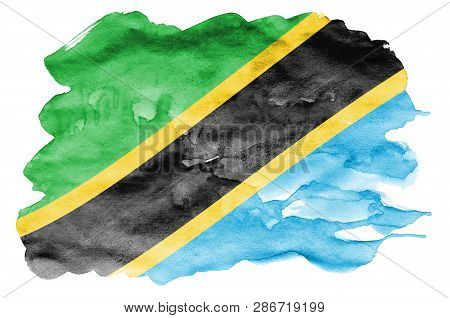 Tanzania Flag  Is Depicted In Liquid Watercolor Style Isolated On White Background