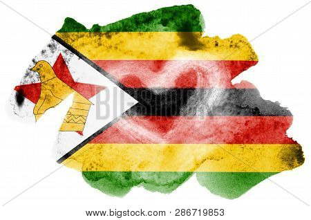 Zimbabwe Flag  Is Depicted In Liquid Watercolor Style Isolated On White Background
