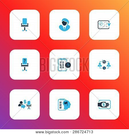 Work Icons Colored Set With Businesswoman, Business Goal, Long-term Plan And Other Teamwork Elements