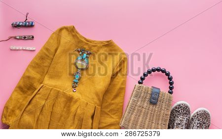 Girls Fashion Background, Mustard Color Linen Dress, Trendy Straw Bag, Leopard Print Shoes, Bracelet