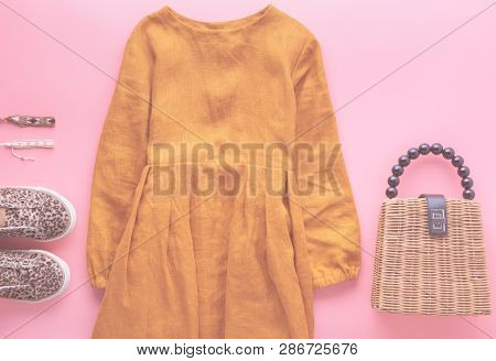 Girls Fashion Background, Mustard Color Linen Dress, Trendy Straw Bag, Leopard Print Shoes, Bracelet