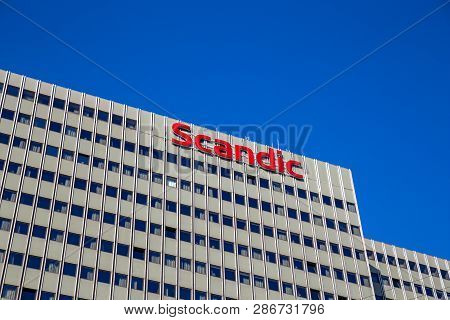 Copenhagen, Denmark - February 27, 2019: Exterior View Of The Scandic Hotel In Central Copenhagen.