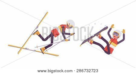 Sporty Man Falling Off In Bad Technique On Ski Resort. Guy In Wrong Skiing And Snowboarding, Active 
