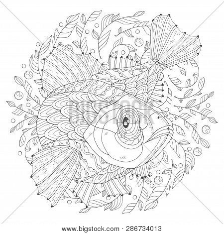 Hand Drawn Cartoon Perch On The White Background. Image For Coloring Pages. Vector Illustration