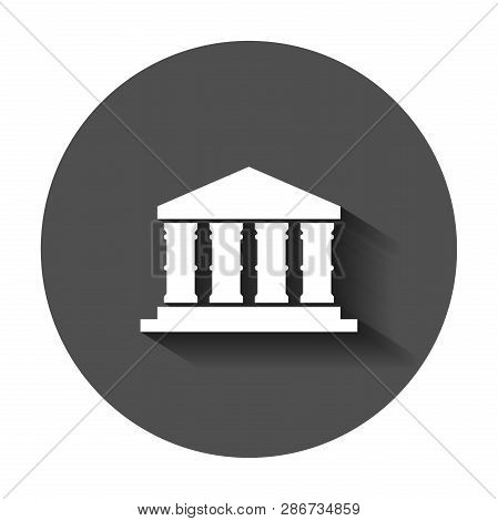 Bank Building Icon In Flat Style. Government Architecture Vector Illustration With Long Shadow. Muse