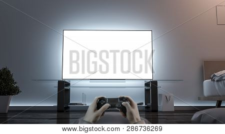 Playing Videogame With Joystick Near Blank White Tv Screen Mockup, 3d Rendering. Empty Televisor And