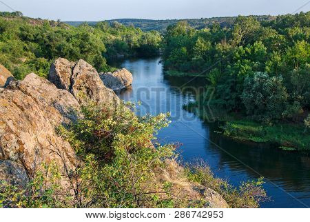 View Of  Rocky Shore Of  Southern Bug River On Sunny Day In  Reserve Buzsky Gard, Migeya, Nikolaev R