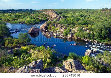 View To Rocky Coast Of Southern Bug River And Green Plants In Buzski Gard Reserve, Migeya, Mykolaiv 