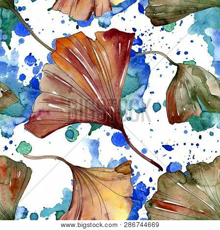 Green Red Ginkgo Biloba Leaves. Watercolor Background Illustration Set. Seamless Background Pattern.