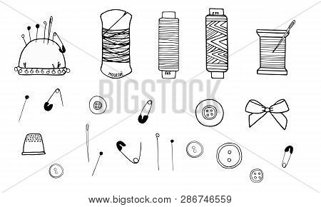 Large Set Of Vector Sewing Supplies Made Of Cissors, Threads, Needles, Needle Cases, Buttons