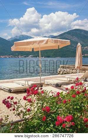 Summer Beach Vacation.  Montenegro, Adriatic Sea, View Of Bay Of Kotor Near Tivat City