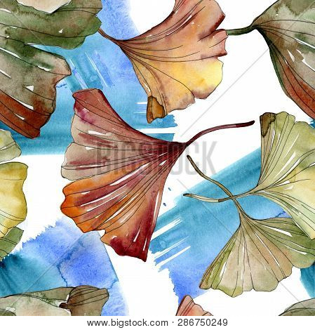 Green Red Ginkgo Biloba Leaves. Watercolor Background Illustration Set. Seamless Background Pattern.