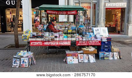 Athens Greece, City Center. Outdoor Books Market Stall At Ermou Street, Kapnikareas Square.