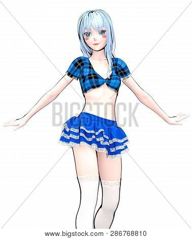 Sexy Anime 3d Doll Japanese Anime Schoolgirl Big Blue Eyes.short Blue Jeans Skirt Blouse.cartoon, Co