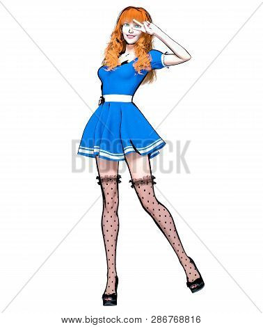 Sexy Anime 3d Doll Japanese Anime Girl Big Green Eyes.short Blue Dress Dark Stockings.cartoon, Comic