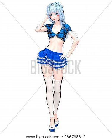 Sexy Anime 3d Doll Japanese Anime Schoolgirl Big Blue Eyes.short Blue Jeans Skirt Blouse.cartoon, Co