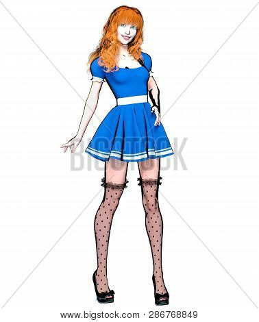 Sexy Anime 3d Doll Japanese Anime Girl Big Green Eyes.short Blue Dress Dark Stockings.cartoon, Comic